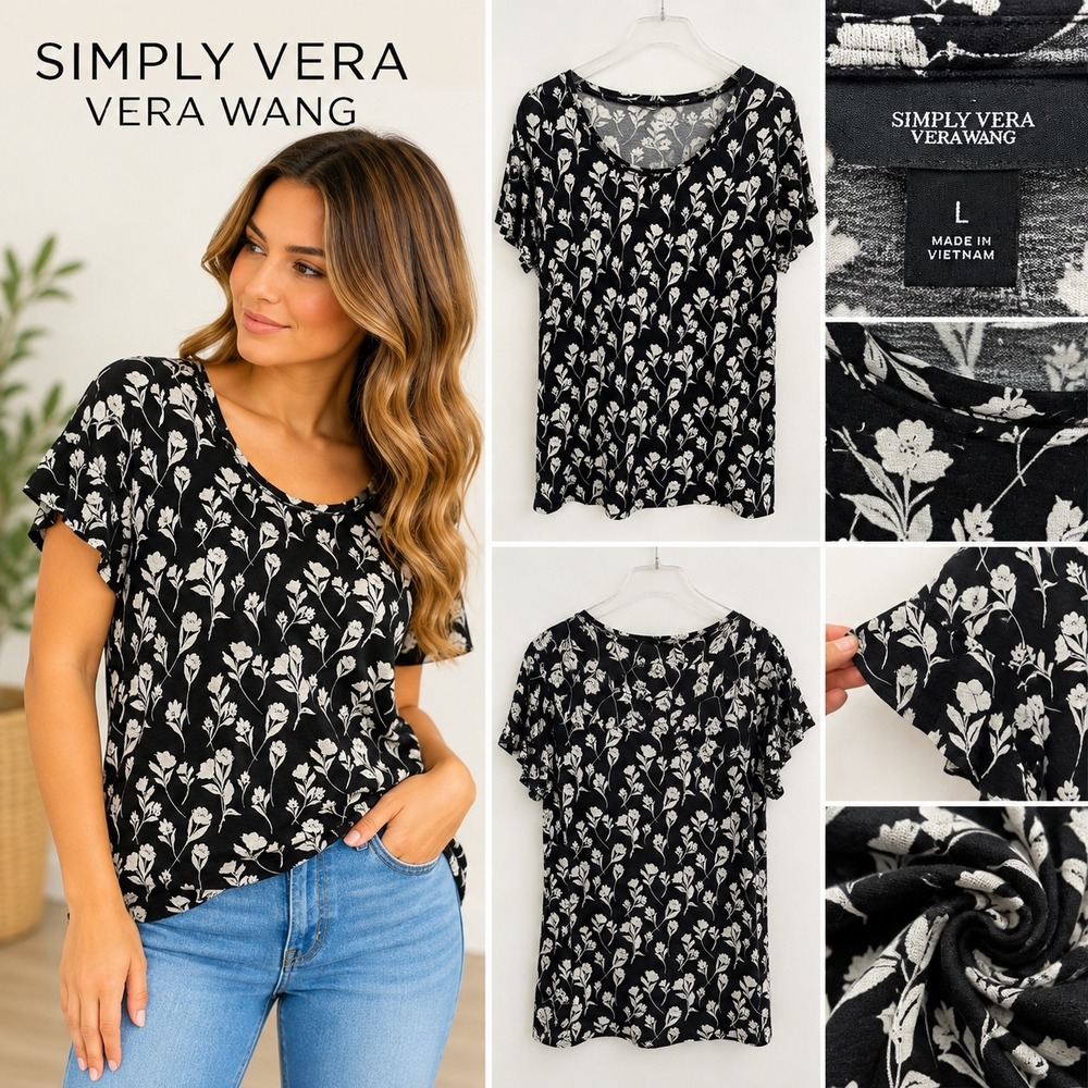 Simply Vera Vera Wang Modern Tee Black White Floral Scoop Neck Short Sleeve L